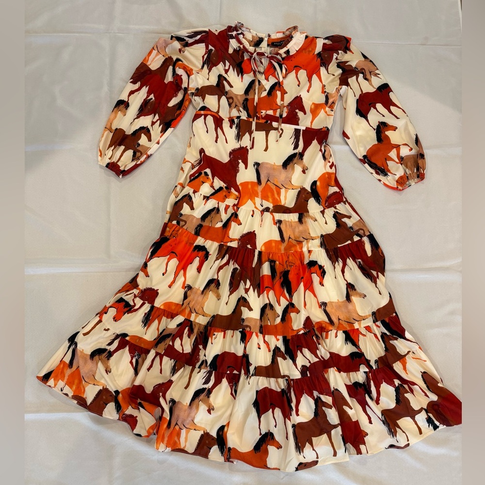 Beulah Equestrian-Print Tiered Maxi Dress in Cream, Rust & Burgundy
